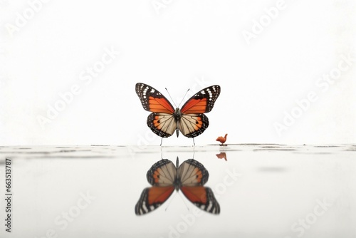 A solitary butterfly depicted in an artwork  positioned on a seamless white backdrop. Generative AI