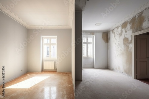 Comparison between a room with unfinished walls and a room after renovation in a new house. Generative AI