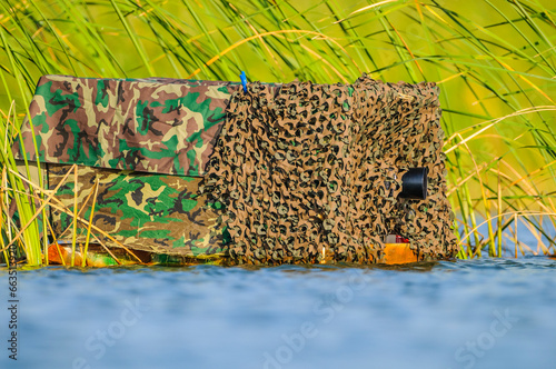 A photographer hides inside a wildlife blind on a pond duck in flight over the surface of the water in a pond   in extremadura, spain