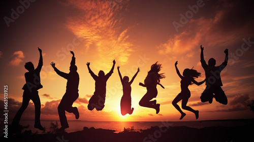 Black silhouettes in front of an orange sunset of a cheering group jumping in the air for joy at a shared success