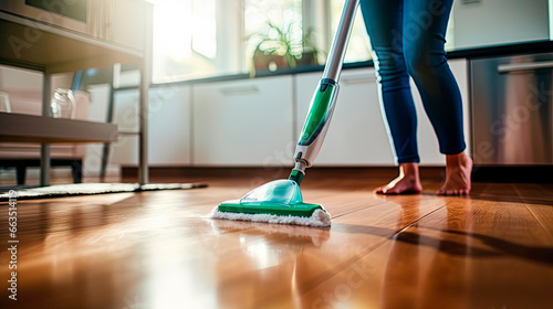 woman cleaning the floor with a spray mop against the background of the kitchen photo