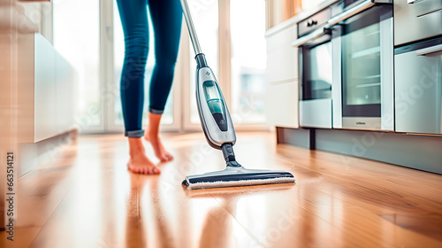 woman cleaning the floor with a spray mop against the background of the kitchen