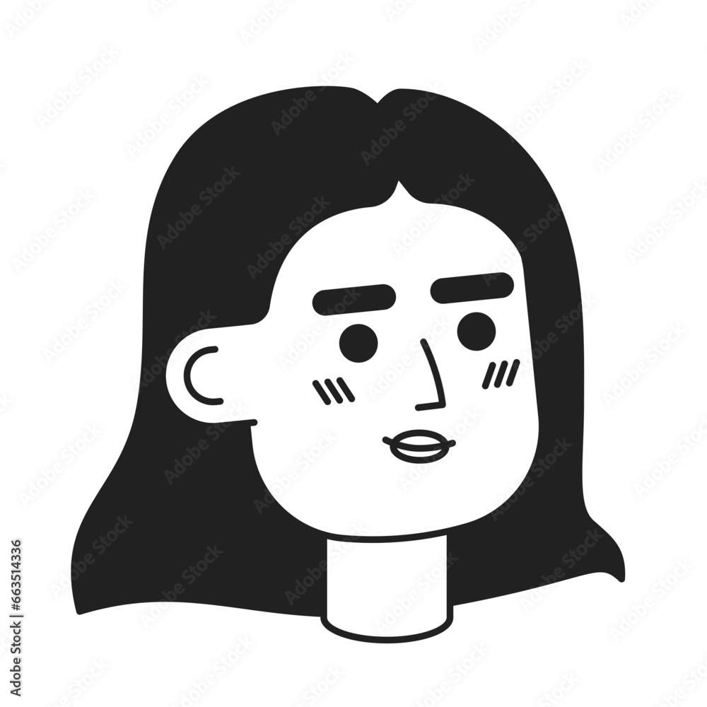 Confident middle eastern young adult woman black and white 2D vector avatar illustration. Turkish woman outline cartoon character face isolated. Brunette flat user profile image, portrait female Confident middle eastern young adult woman black and white 2D vector avatar illustration. Turkish woman outline cartoon character face isolated. Brunette flat user profile image, portrait female
