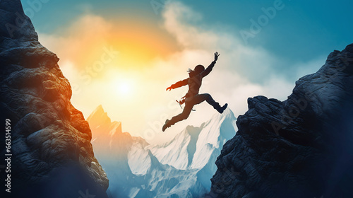 Black silhouettes in front of an orange sunset of a person jumping over an abyss from one mountain to the next as a symbol of freedom and success