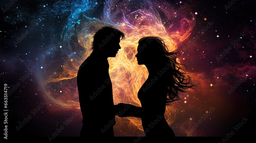 Cosmic Love: Silhouette of a Romantic Couple Embracing in a Starry Universe
