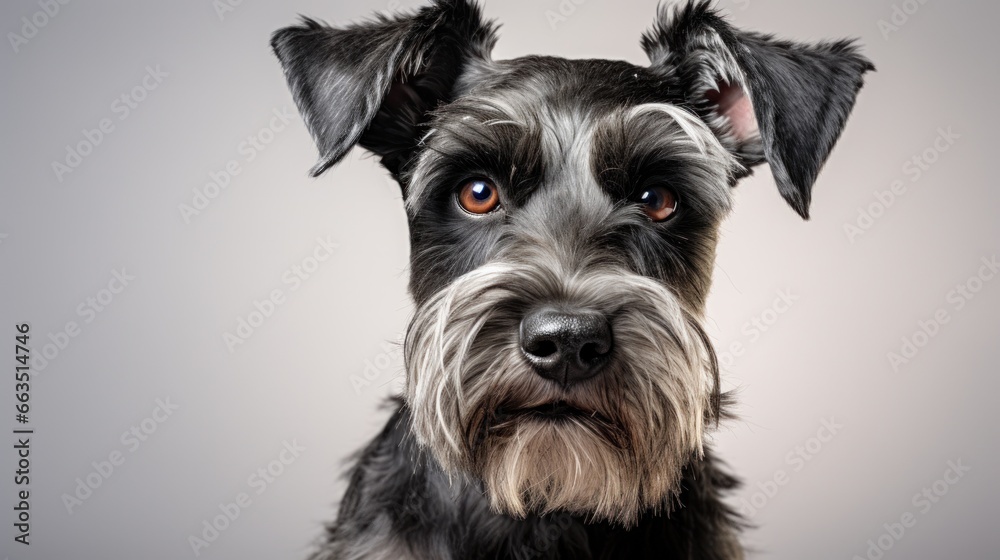 Terrier with a traditional schnauzer cut, looking alert and adorable