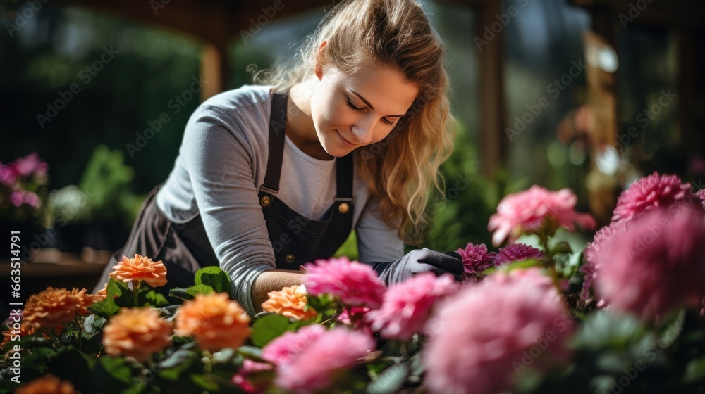 A Joyful Gardener Tending to Her Flowers In her gardening gloves and apron