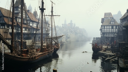 Ships in a medieval harbour on the river delta