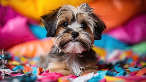 Shih Tzu with a playful topknot, sitting on a colorful blanket © olegganko