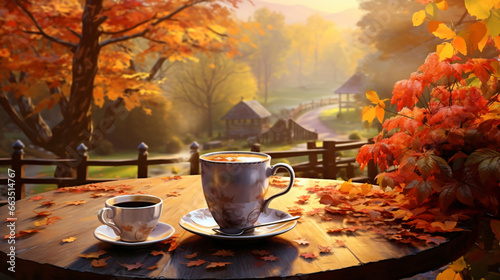 coffe cup at the table realistic autum background cozy, cup, coffee, drink, cafe, white, tea, mug, breakfast, beverage, espresso, hot, table, black, brown, saucer, caffeine, aroma, object, food, spoon