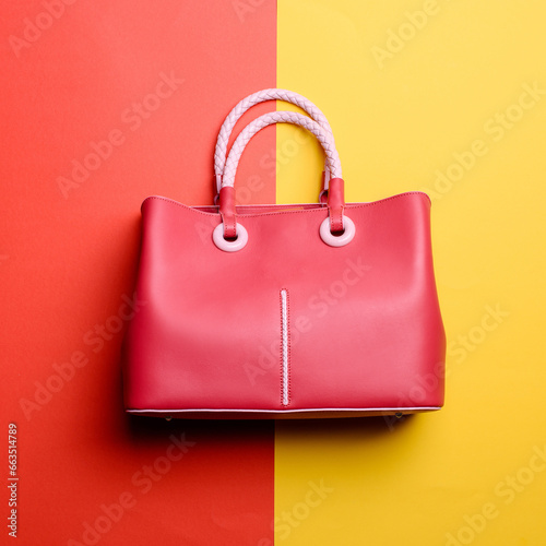 Fashionable red leather women's bag with braided handles and other details in pink color isolated on a red-yellow background. Mock-up for online fashion store or blog. Stylish accessories concept.