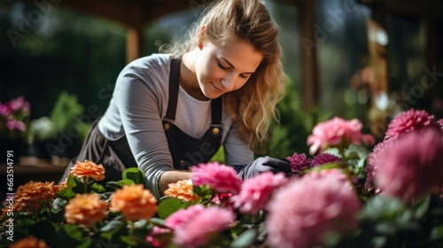 A Joyful Gardener Tending to Her Flowers In her gardening gloves and apron © olegganko