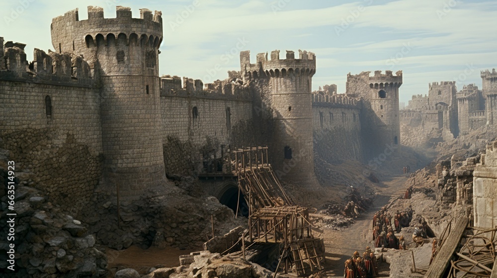 Medieval castle under siege by catapults and ladders and battering rams battle scenery - obrazy, fototapety, plakaty 