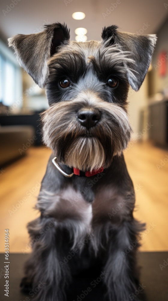 Terrier with a traditional schnauzer cut, looking alert and adorable