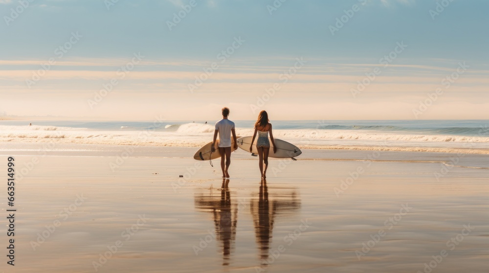 A couple runs into the ocean with surfboards