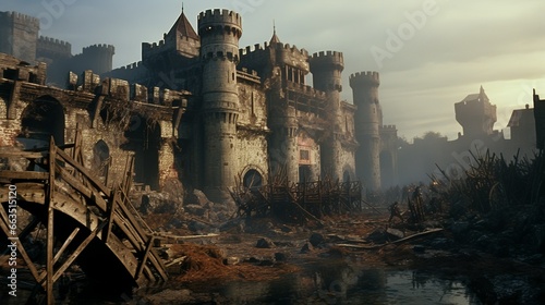 Tableau sur toile Medieval castle under siege in fantasy landscape