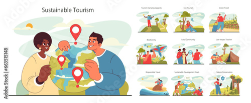 Sustainable tourism set. Ecotourism, eco-friendly recreation.