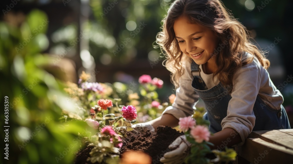 A Joyful Gardener Tending to Her Flowers In her gardening gloves and apron