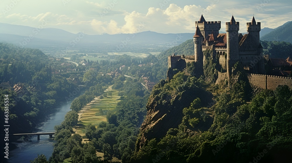 Fantasy landscape with medieval gothic style city and castle with towers and a river
