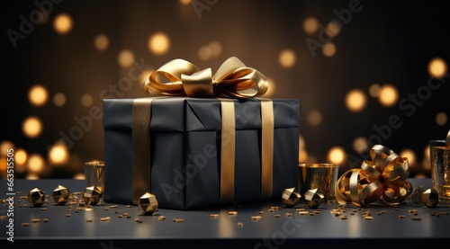 a black and gold gift box with a yellow bow and gift label