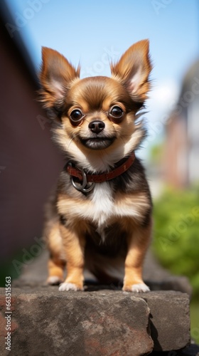 Chihuahua with a spunky and fun Mohawk cut  standing on a brick wall