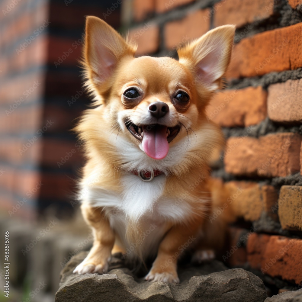 Chihuahua with a spunky and fun Mohawk cut, standing on a brick wall