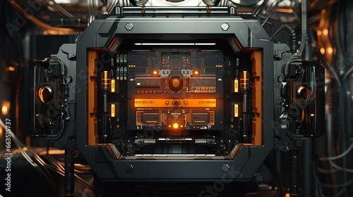 Future sci-fi audio deck device with mixer and led display