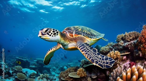 Hawksbill Sea Turtle Swimming Over Vibrant Coral Reef - Perfect for Marine Biology Studies, Environmental Awareness Campaigns, and Ocean-Themed Art Projects