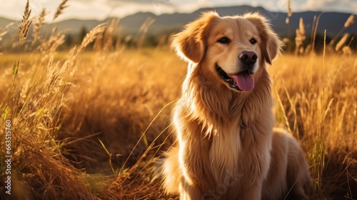 Golden retriever with a trendy lions mane cut, posing in a field