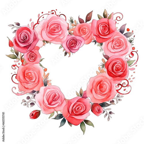 Roses in a heart shaped graphic frame  Valentine s Day illustration  isolated on transparent background