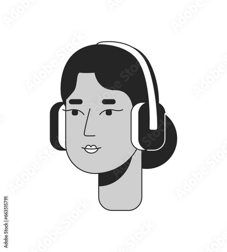 Middle eastern lady wearing headphones black and white 2D line cartoon character head. Arab female melomaniac isolated vector outline person face. Adult earphones monochromatic flat spot illustration