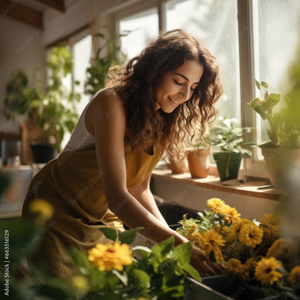 A Joyful Gardener Tending to Her Flowers In her gardening gloves and apron A Joyful Gardener Tending to Her Flowers In her gardening gloves and apron