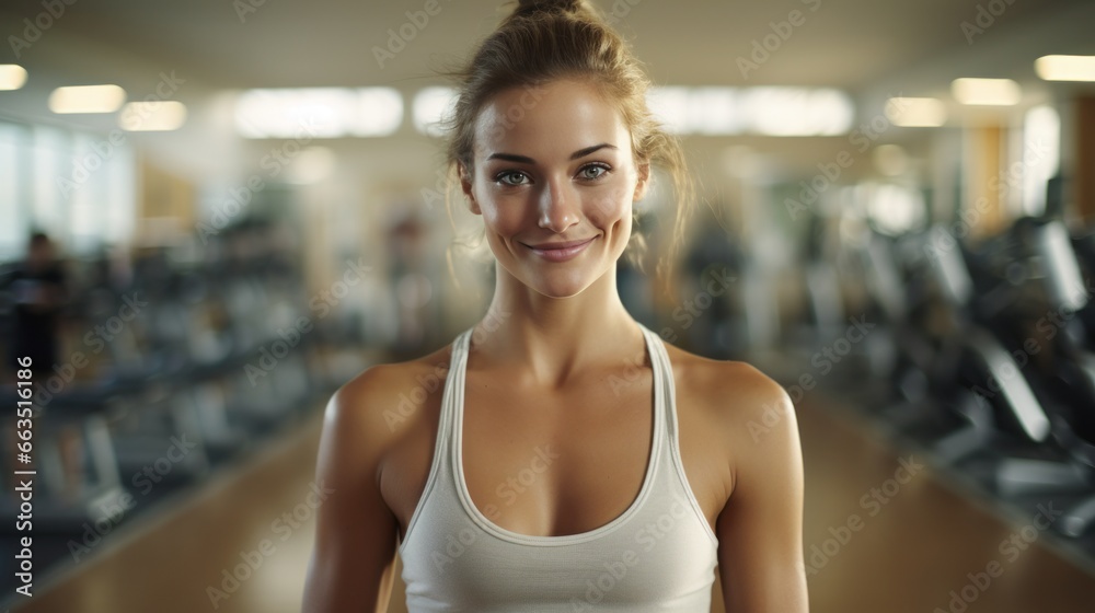 A young woman, is pictured alone in a gym wearing a sport tank top after a workout session A young woman, is pictured alone in a gym wearing a sport tank top after a workout session