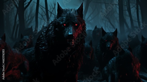 Black wolves pack in a dark fantasy forest with glowing red eyes