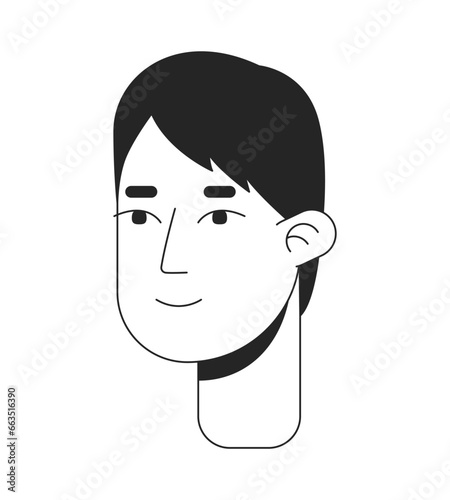 Smiling korean male with sideswept bangs black and white 2D line cartoon character head. Modest japanese guy isolated vector outline person face. College student monochromatic flat spot illustration photo