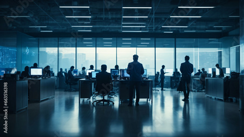 Silhouettes of business people working in modern office.