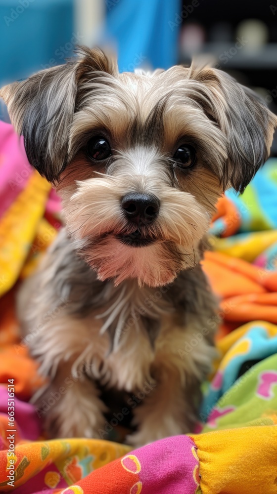 Shih Tzu with a playful topknot, sitting on a colorful blanket