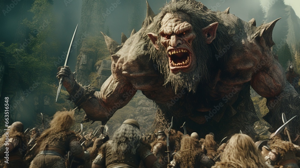 Giant troll in medieval fantasy battle scenery with foot soldiers around - obrazy, fototapety, plakaty 