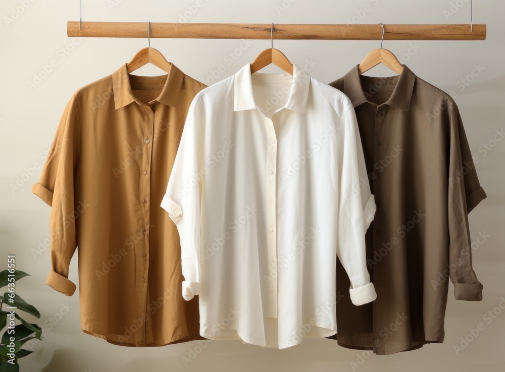 three dress shirts hanging on a wooden hanger three dress shirts hanging on a wooden hanger