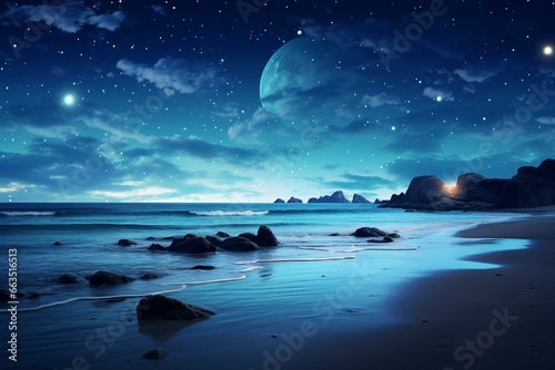 A serene coastal beach illuminated by a sparkling, starry night sky. Generative AI