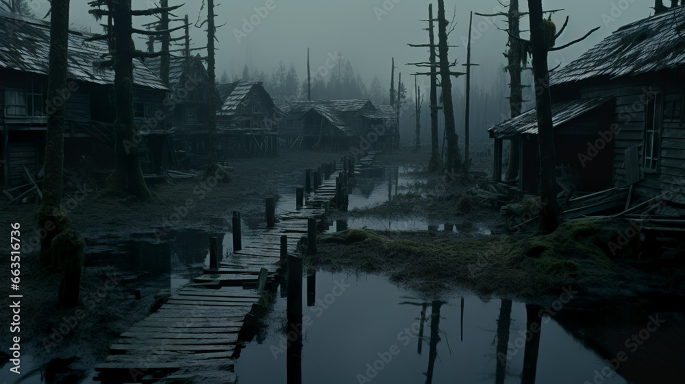 Fantasy marsh and swamp region with little cottages and wooden cabins desolated landscape