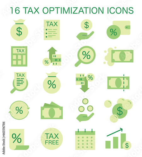 Tax optimization icon set. Simple symbols of financial efficiency,