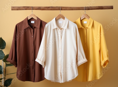 three dress shirts hanging on a wooden hanger