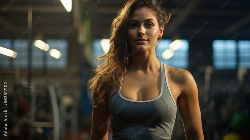 A young woman, is pictured alone in a gym wearing a sport tank top after a workout session