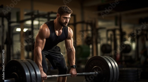 Muscular Man Exercising with Weights in Gym Deadlift photo
