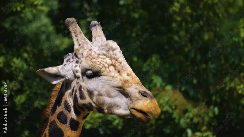 Close view of a giraffes head looking around.on a windy day Close view of a giraffes head looking around.on a windy day