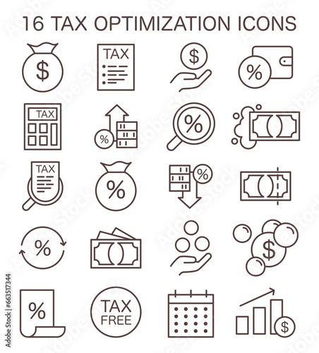Tax optimization icon set. Simple symbols of financial efficiency,