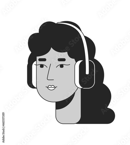 Curly hispanic woman headphones black and white 2D line cartoon character head. Latina wavy hair isolated vector outline person face. Enjoying music mexican girl monochromatic flat spot illustration