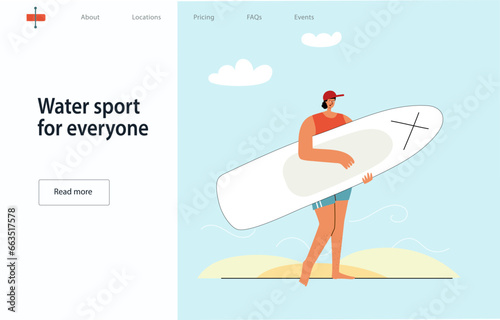 Woman holding sup board at the beach. Simple style abstract human for the main page, banner for website, mobile app, book cover. Vector illustration