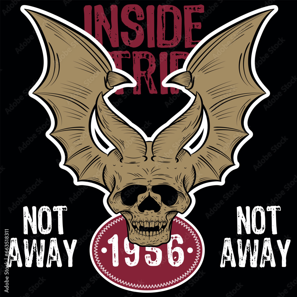 illustration of skull with bat wings in tattoo style, colorful military or motorcyclist, military texts and numbers.